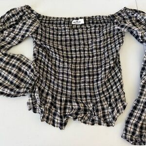 Hollister Black & White Plaid Off-the-Shoulder Smocked Top